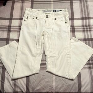 Miss Me White Boot Cut Jeans.  Silver and Rhinestone Embellishments.
